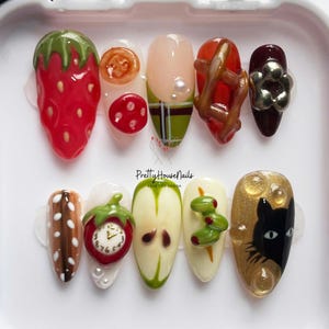 Breakfast Time Press On Nails, Hand-painted Fruit Nail Set with Strawberry, Apple, Unique Summer Nails, Party Nails, Holiday Nails, Gifts.