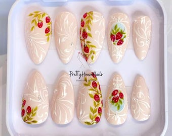 Handcrafted Light Pink Almond Press On Nails, Cute Trendy Nail Art for a Sweet Look with Strawberry Design, Holiday Nails, Valentine Nails.