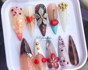 Brown nail Set, Flower French Tips Press On Nails, Custom Hand-painted Acrylic Nail, Cherry Nail, 3D Press On Nail, Ombre Nail Art, Gel Nail