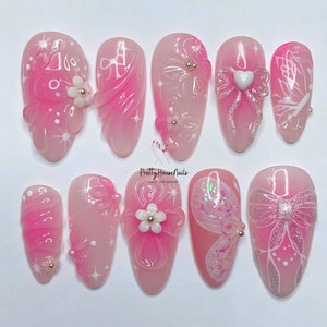 Sparkly Pink Flower Press On Nails , Floral Nails Set, Almond Nails, False Nails, Stiletto Nails, Gel Nails Art, Summer Nails, Trendy Nails