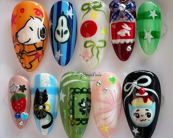 Uñas postizas de animales adorables, diseño de dibujos animados con gato, fresa, pudín y perro, divertidas uñas postizas kawaii, uñas para fiestas o días festivos, regalo.