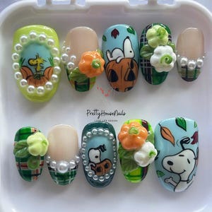 Funny Halloween Press On Nails, Cute 3D Pumpkin Nail Art, Handmade Cartoon False Nails, Kawaii Fake Nails, Peanuts Nail Set for Gift/Cosplay