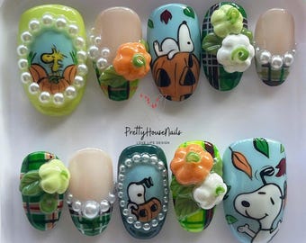 Funny Halloween Press On Nails, Cute 3D Pumpkin Nail Art, Handmade Cartoon False Nails, Kawaii Fake Nails, Peanuts Nail Set for Gift/Cosplay