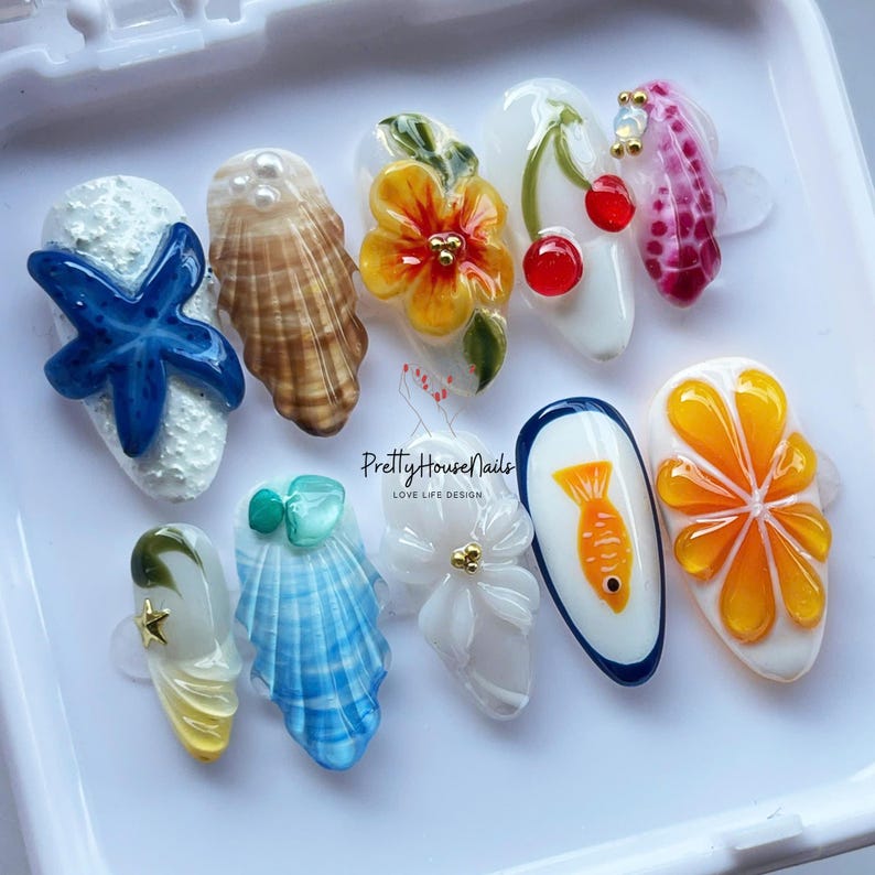 Tropical Nail Art, Beach Theme Nails, Ocean Nail Designs, Seashell Nails, Starfish Nail Art, Press on Nails, 3D Nail Art, Summer Nail Set, Floral Nail Designs, Unique Nail Set, Custom Nails, Vacation Nails, Holiday Nails