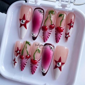 press on nails, almond press on nail, Long Stiletto Nail, handpainted Nail, Cute Nail, Gel Nail Art, Fake Nails, Valentine Nail, Cherry Nail, Jelly Nail, Pink Nail, Red and Pink Nail, Valentine nails, Heart Nailsm Romantic Nail Art