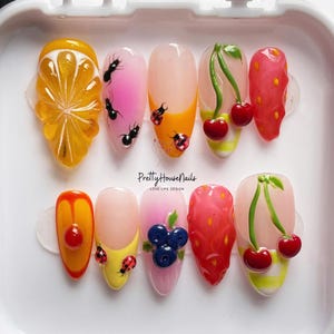 Glamour Summer Press On Nails, Hand-painted Almond Nail Set with Fruit, Insects, Unique Summer Nails, Party/Holiday/Vacation Nails, Gifts.