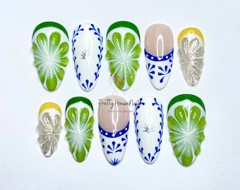 Green Lemon Press On Nails, Almond Nails, Special Summer Nails, Trendy Nails, Fake Nails, Y2K Nails, Glue On Nails, Fall Nails Crystal Nails