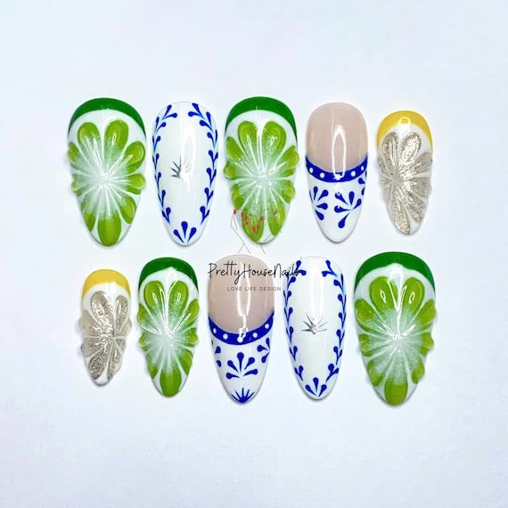 Green Lemon Press On Nails, Almond Nails, Special Summer Nails, Trendy Nails, Fake Nails, Y2K Nails, Glue On Nails, Fall Nails Crystal Nails