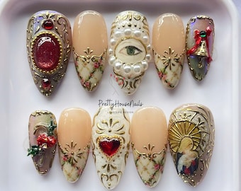 Handmade Vintage Baroque Press On Nails, Almond Nail Set with Pearl Eye Art, Red Gem HearFloral Gold Details, Elegant Antique Style Nail Set