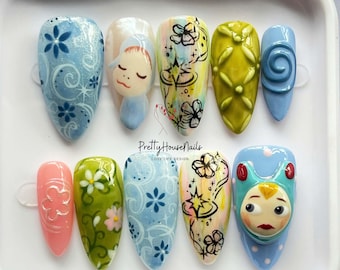 Hand Painted Spring Press On Nails, Almond Nails with Blue Floral, Nara, Pastel Vintage Nail Set, Unique Gift for Her, Fairycore Nail Art