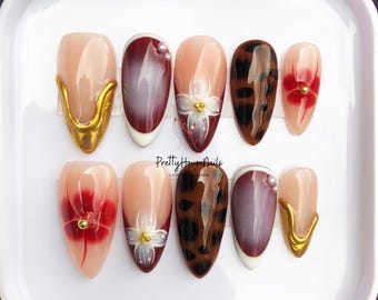 Dreamy Autumn Press On Nails, Handmade Almond Nails with Flower, Brown Spots, French Tips Nail Art, Fall Nails, Custom Fake Acrylic Nails.