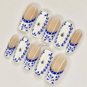 Porcelain Blue Tiles, Unique Motifs Press On Nails, Elegant French Tip Fake Nails, Birthday Holiday Nails Art, Luxury Nails Mothers Day Gift