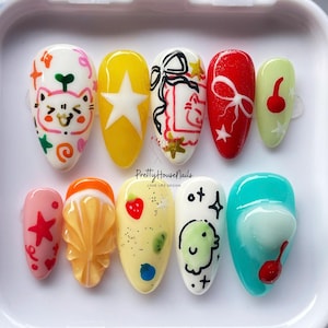 Lovely Cat Theme Press On Nails, Cartoon Design Nail Art, Fake Nail for Birthday, Fantasy Nails, Hand made Press on Nails, Unique Cute Nails