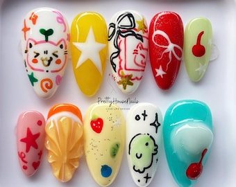 Lovely Cat Theme Press On Nails, Cartoon Design Nail Art, Fake Nail for Birthday, Fantasy Nails, Hand made Press on Nails, Unique Cute Nails