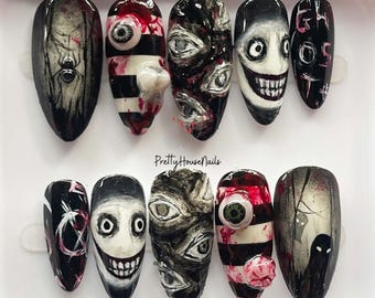 Creepy Halloween Press On Nails, Handmade Horror Nails, Scary Fake Nails, Spooky Nail Art, Gothic Nail Set, Perfect for Cosplay/Prom, Gifts.