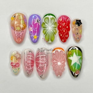 Floral Fruit Press On Nails | Pinky Bow and Butterfly Nail Art | Nail Set With Strawberry Design | Bling Star On Fake Nails | Custom Nails.