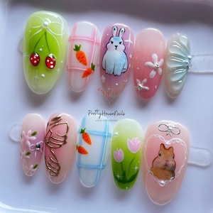 Uñas de Pascua hechas a mano, lindos diseños de conejito, zanahoria, cereza, flores y hámster, arte de uñas pastel de primavera, juego de uñas de Pascua, uñas de fiesta.