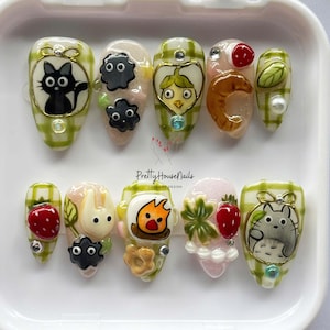 Handmade Studio Ghibli Inspired Press On Nails, Cute Totoro Kiki Calcifer Nail Art, Cartoon Fake Nails, Gift for Anime Lovers, Cosplay Nails