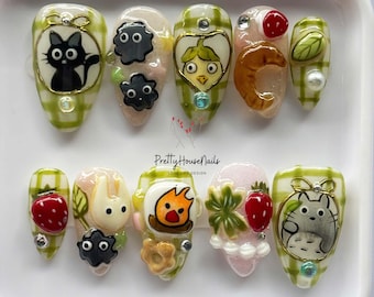 Handgemachte Studio Ghibli inspirierte Press auf Nägel, süße Totoro Kiki Calcifer Nagel Kunst, Cartoon Fake Nägel, Geschenk für Anime Liebhaber, Cosplay Nägel