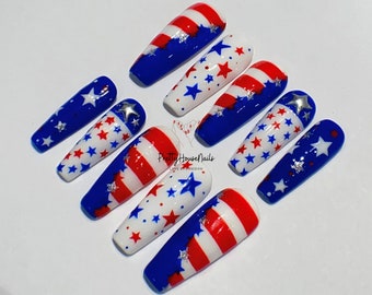 USA Flag Design Press On Nails, USA Nails Art, Independence Day Long Coffin Nails, Embrace Freedom Fake Nails, 4th Of July Press On Nails.