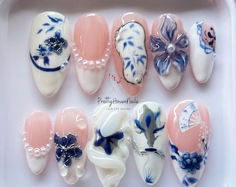 Handcrafted White Snake & Pearl Nail Set, Unique Snake-Inspired Press On Nails, Crystal 3D Snake Design, Trendy Chinese Nail, Asian Nail Art