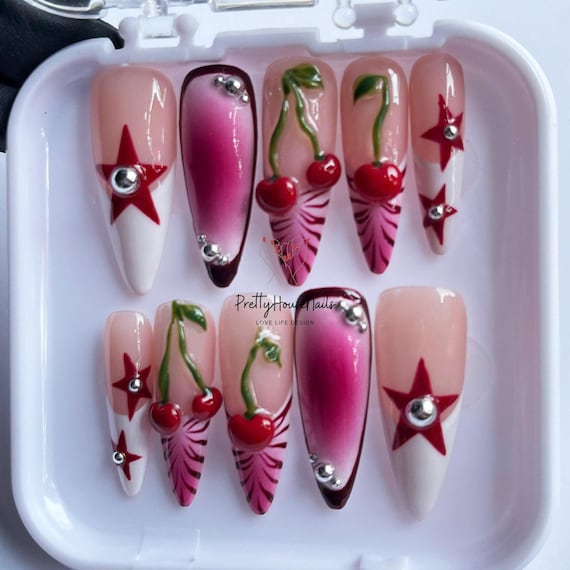 Red Cherry for Sweet Valentine's Day Fake Nail Set, Long Almond Press On Nails, Romantic Nail Art with Berries, Zebra Print, Valentine Gift.
