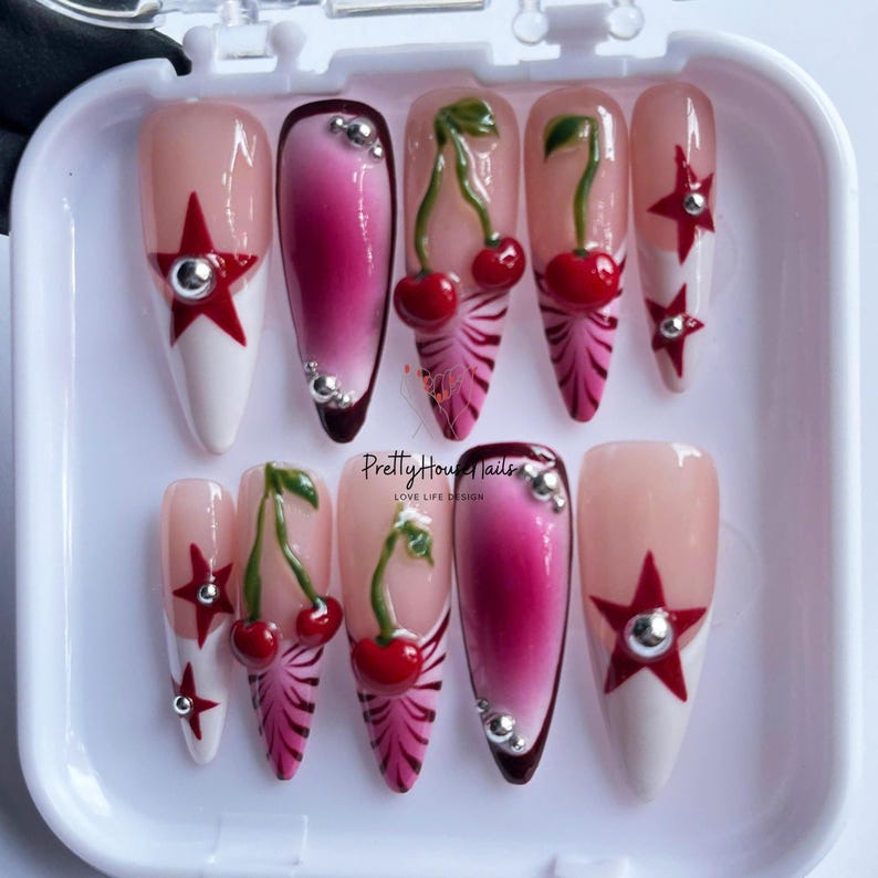 press on nails, almond press on nail, Long Stiletto Nail, handpainted Nail, Cute Nail, Gel Nail Art, Fake Nails, Valentine Nail, Cherry Nail, Jelly Nail, Pink Nail, Red and Pink Nail, Valentine nails, Heart Nailsm Romantic Nail Art