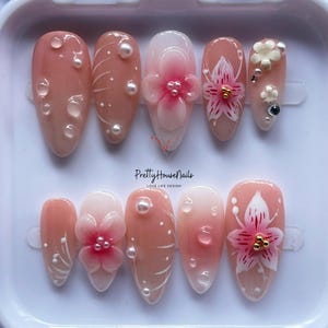 Hand Painted 3D Flower Press On Nails, Pink Floral Fake Nails, Elegant Custom Nail Art, Handmade Bridal Nails, Spring Nails, Wedding Nails.