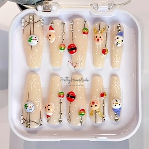 Happy Xmas Press On Nails, Christmas Snowman Nails Art, White Snowflaker The Grinch Hand-painted, Look Fresh False Nails for Holiday, Gifts.