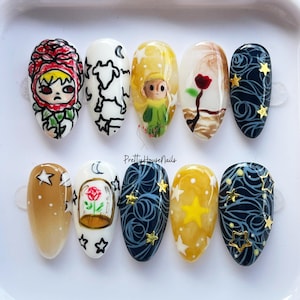 Little Prince Inspired Press On Nails, Hand-painted Galaxy Star Nail Art, Custom Storybook Nail Set, Gift for Her, Fairy Tale Almond Nails.