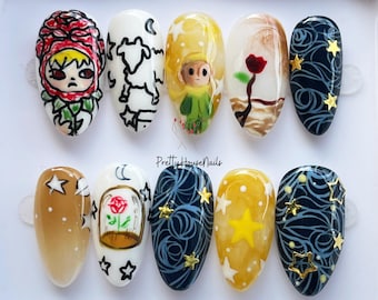 Little Prince Inspired Press On Nails, Hand-painted Galaxy Star Nail Art, Custom Storybook Nail Set, Gift for Her, Fairy Tale Almond Nails.