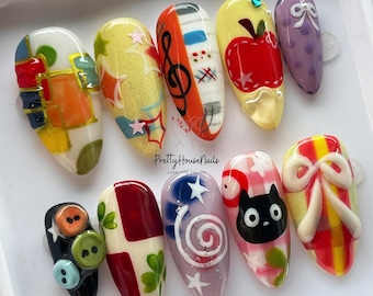 Whimsical Press On Nails with Art Designs, Music Notes, Apple, Cute Bows, Black Cat, Kawaii Nails, Colorful Nail, Fantasy Nail, Cartoon Nail