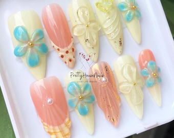 Uñas postizas con diseño de flores y tacón de aguja largo, uñas postizas con núcleo de hada en gel 3D, uñas de ensueño para fiestas, vacaciones, días festivos, arte de uñas de ensueño de hadas.