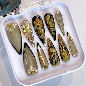 Glitter Butterfly Press On Nails, Hand-painted Long Stiletto Nails, Floral Glue On Nails with Gems, Trendy Nails, Birthday Nails, Gift Set