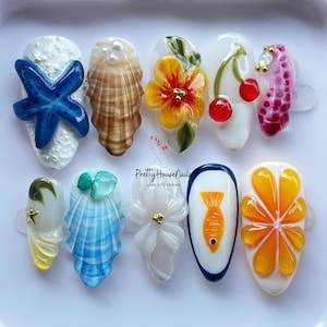 Summer Themed  Press On Nails, 3D Fruit & Flower Nail Art, Nature Inspired Nails with Starfish, Fish, Holiday Nails, Beach Nail, Unique Nail