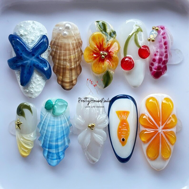 Tropical Nail Art, Beach Theme Nails, Ocean Nail Designs, Seashell Nails, Starfish Nail Art, Press on Nails, 3D Nail Art, Summer Nail Set, Floral Nail Designs, Unique Nail Set, Custom Nails, Vacation Nails, Holiday Nails