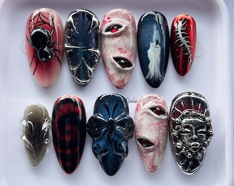 Halloween Press On Nails, Gothic Horror Fake Nails, Creepy Handmade Nail Art with Spider, Mask & Bloody Eye Design for Cosplay, Gift for her