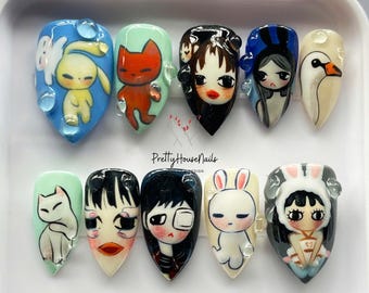 Hand Painted Cartoon Press On Nails, Cute Kawaii Anime Nail Art, Handmade Fake Nails, Unique Character Design Nail Set, Gift for Fans.
