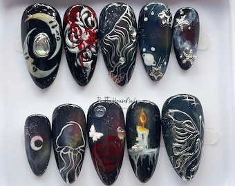 Halloween-pressnaglar, gotisk svart nagelkonst med måne, ljus, stjärnor och rosor, handgjorda läskiga lösnaglar för maskeradfest, present till henne