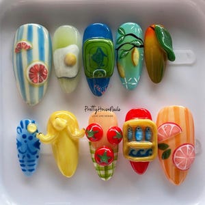 Uñas postizas navideñas hechas a mano, diseño de uñas de verano con frutas y comida, uñas postizas kawaii 3D, divertidas uñas personalizadas para regalar, uso diario, uñas reutilizables.