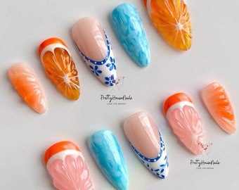 Fresh Summer Press On Nails, Y2K Nails, Fake Nails, Trendy Nails, Acrylic Nails, Y2K Style Nails, False Nails, Short Nails, Long Nails