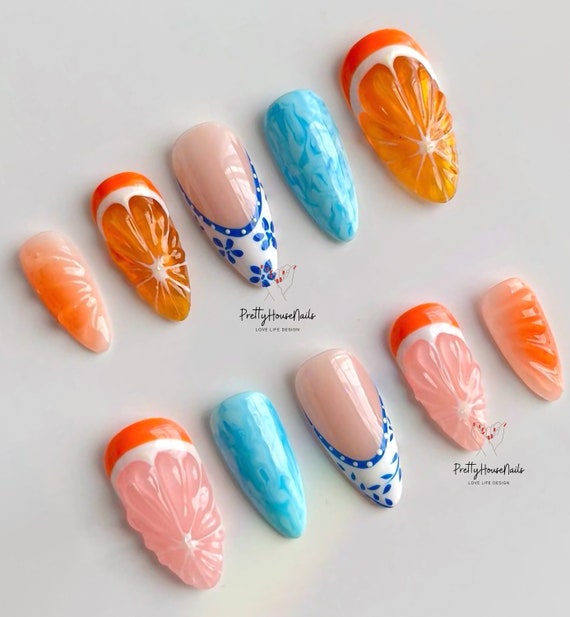 Fresh Summer Press On Nails, Y2K Nails, Fake Nails, Trendy Nails, Acrylic Nails, Y2K Style Nails, False Nails, Short Nails, Long Nails