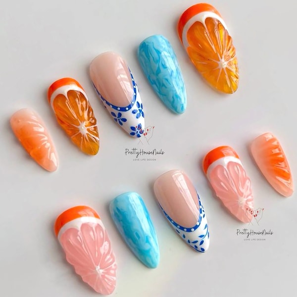 Fresh Summer Press On Nails, Y2K Nails, Fake Nails, Trendy Nails, Acrylic Nails, Y2K Style Nails, False Nails, Short Nails, Long Nails