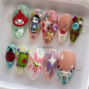 Kawaii Hand-painted Nail Art Set, Cute Animals, Flowers, and Fruit Designs Press On Nails, Fun and Playful Nail Almond Set for All Occasions