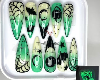 Nightmare Glow in the Dark Press On Nails, 3D Gel Long Stiletto Halloween Nails Set, Scary Nail Designs for Halloween Holiday, Black Nails.