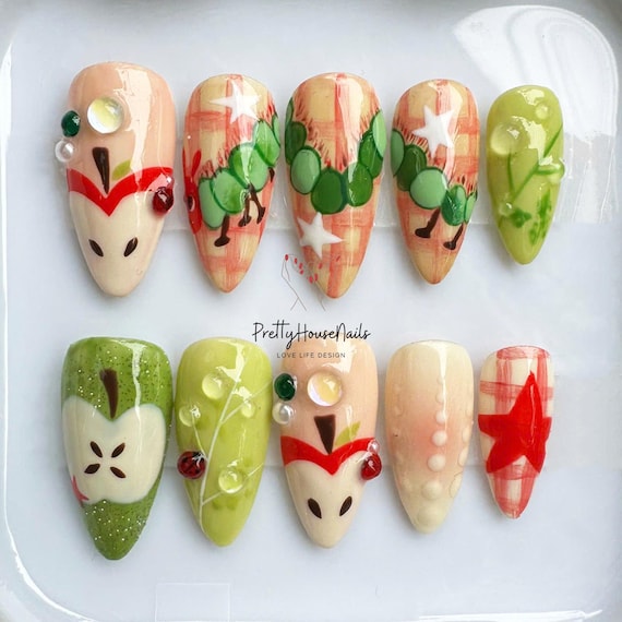 Apple Party Press On Nails, Unique Almond Nail Set with Worm, Apple, Summer Nails, Party Nails, Holiday/Birthday Nails, Colorful Nails, Gift