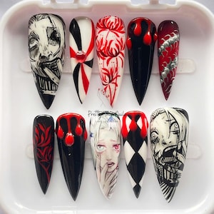 Horror Anime Press On Nails, Hand Painted Red Black Gothic Nails, Creepy Manga Nail Art, Halloween Fake Nails, Scary Nail Set, Gift for Fans
