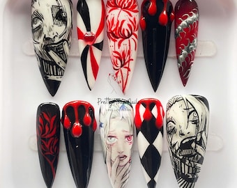Uñas postizas de anime de terror, uñas góticas pintadas a mano en rojo y negro, arte de uñas manga espeluznante, uñas postizas de Halloween, set de uñas terrorífico, regalo para fans.