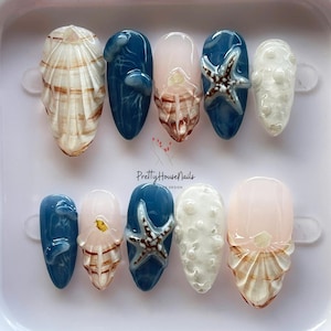 Ocean Inspired Almond Press On Nails, Vibrant Summer Nail Set with, Starfish, Seashell, Handmade False Nail for Holiday Vacation, Beach Nail