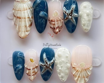 Ocean Inspired Almond Press On Nails, Vibrant Summer Nail Set with, Starfish, Seashell, Handmade False Nail for Holiday Vacation, Beach Nail